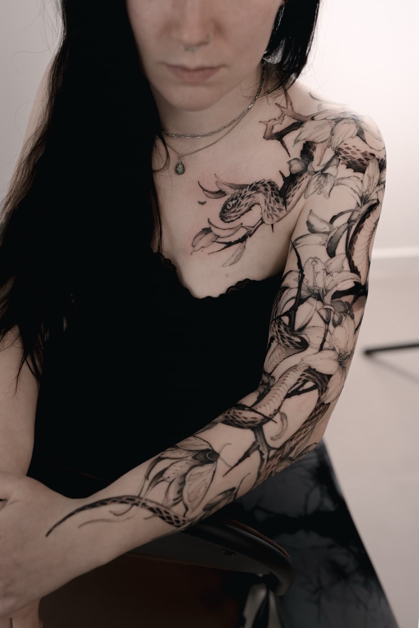 Sparrow bird and peony flowers tattoo detail